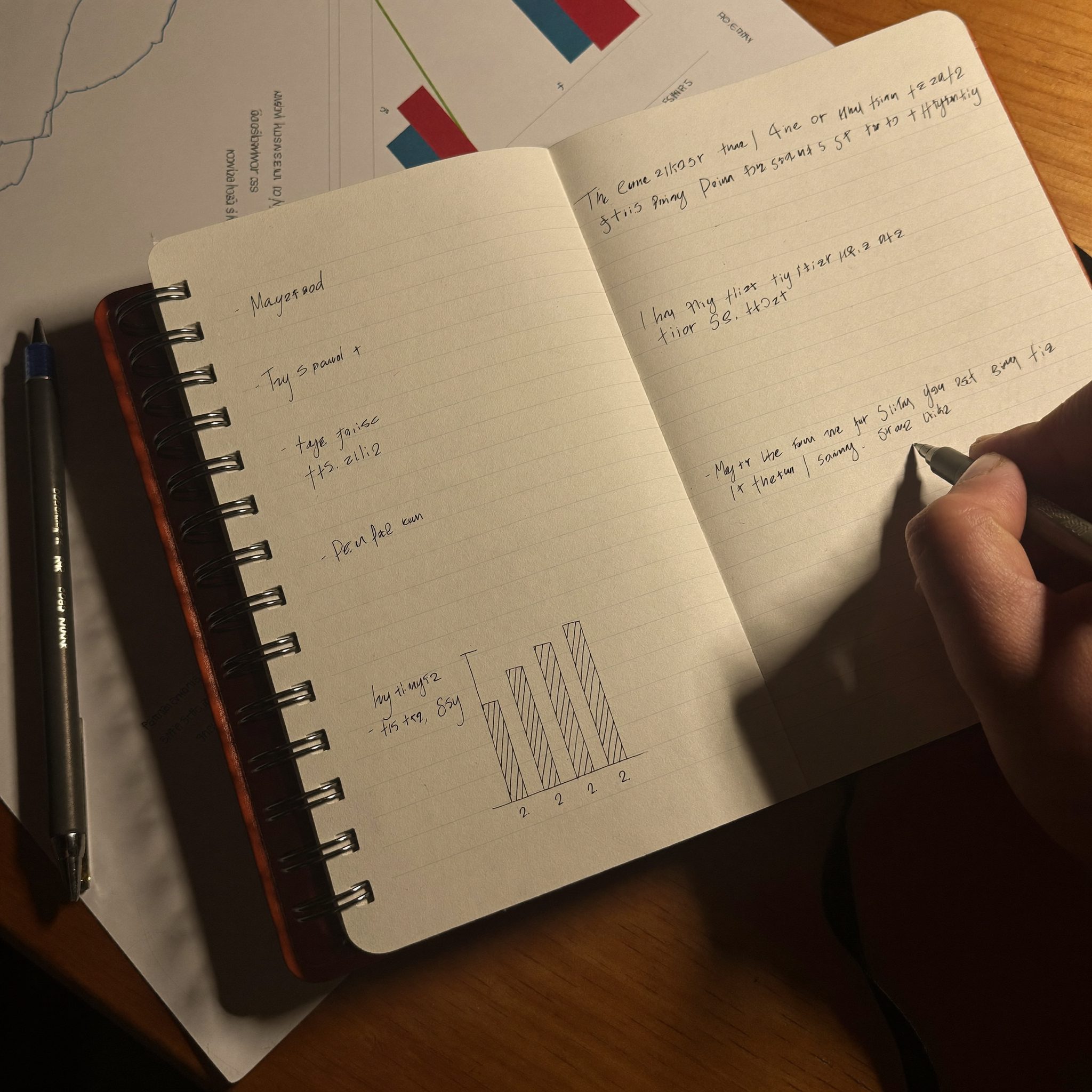 Notebook and planning documents laid out during a Jurelio positioning session
