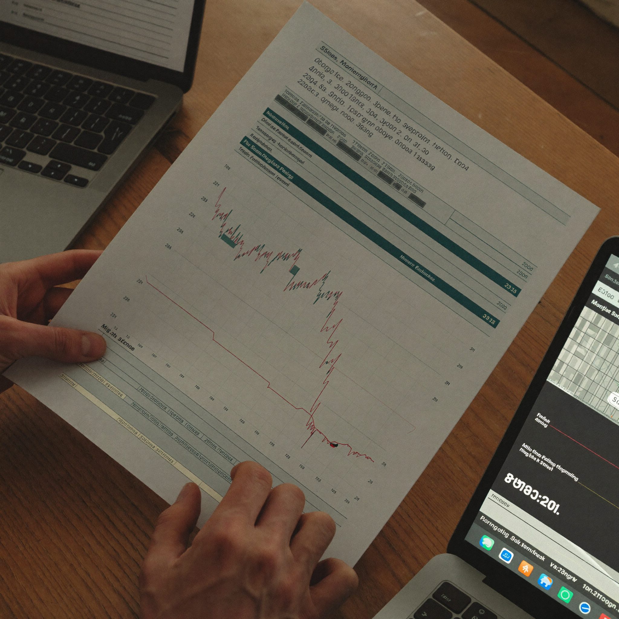 Investment charts and portfolio data being reviewed on a desk